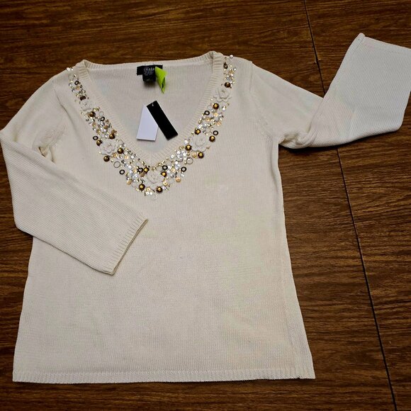 HENRY NEW YORK Women's 100% Cotton V-Neckline Beaded L/Sleeves Sweater - SML - Picture 3 of 13